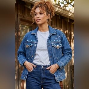 Freego Vtg Denim Jacket Cotton Aztec Studded Embellished Medium PTP 26"